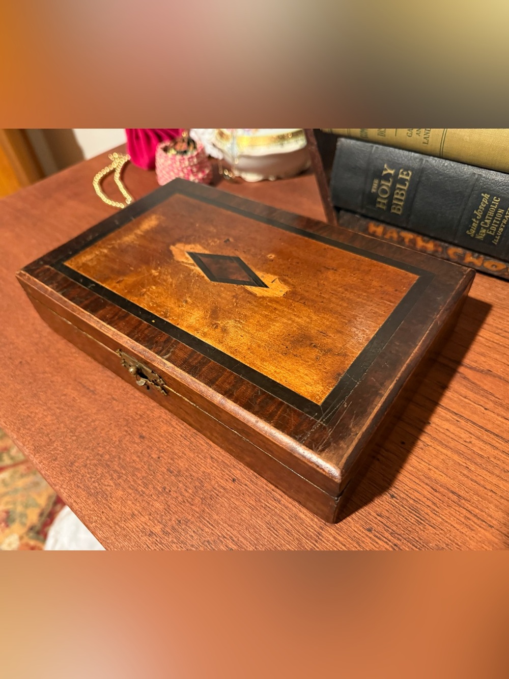 Victorian Wood Inlay Jewelry Box - Brown with Black Accent